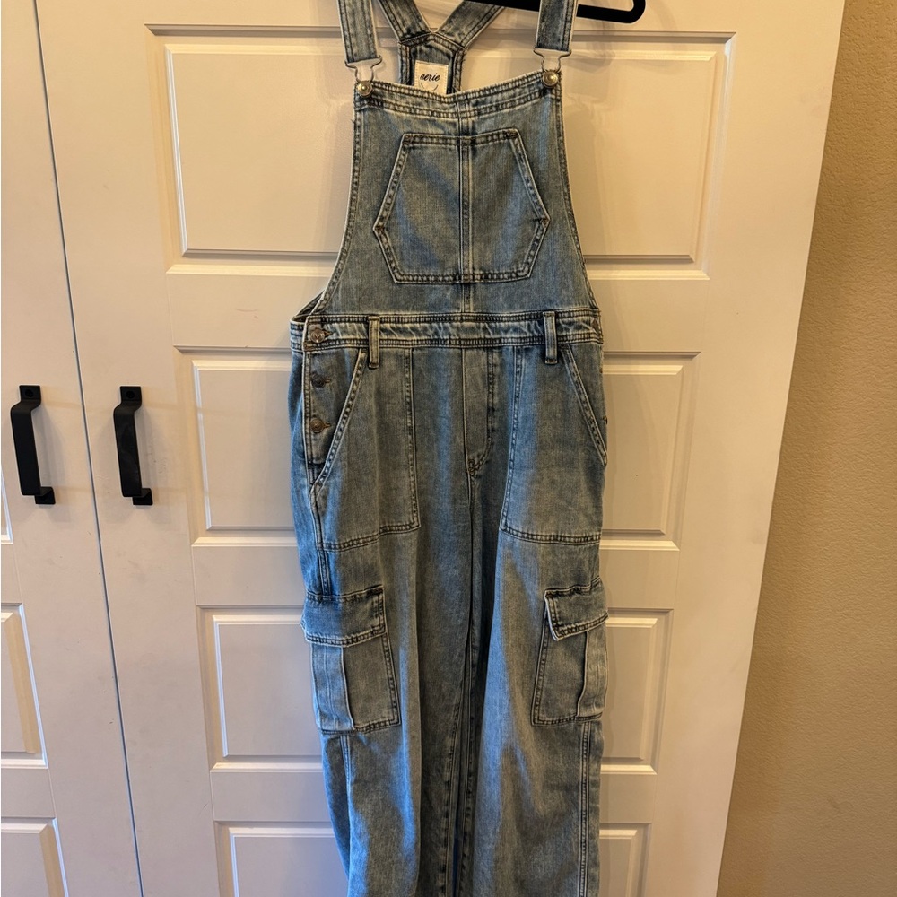 Aerie Blue Denim Cargo Overalls
